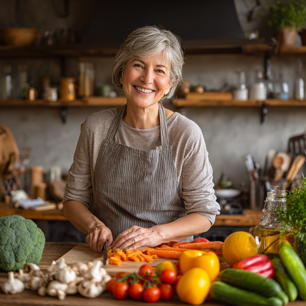Diverse group of smiling Ukrainian adults of different ages engaged in healthy cooking and meal preparation activities, showcasing nutritious ingredients and balanced meal planning